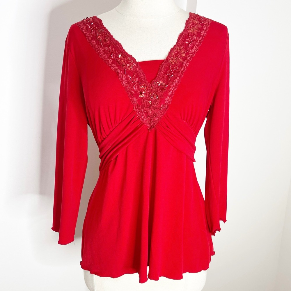 Red Long Sleeve Lace Sequin Fairy Top V-Neck Empire Waist Tie Back Size Medium
